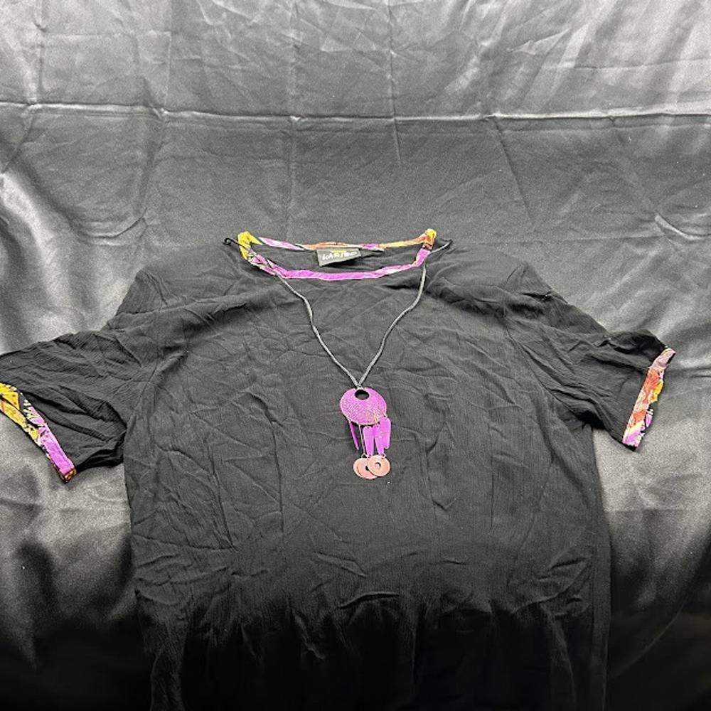 Vintage Karibo Womens Black Shirt Purple Pattern Trim Necklace Size S